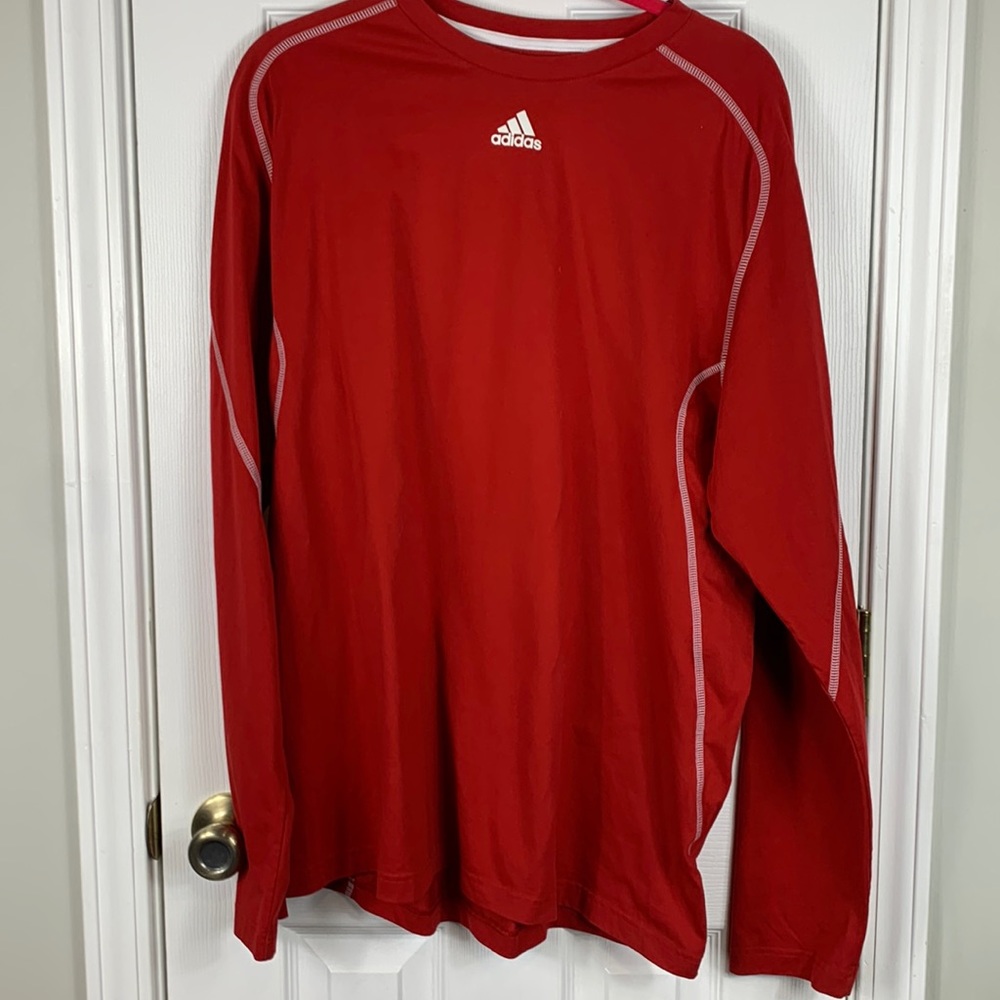 Adidas men’s red long sleeved shirt size Large. White stitching. 64% cotton